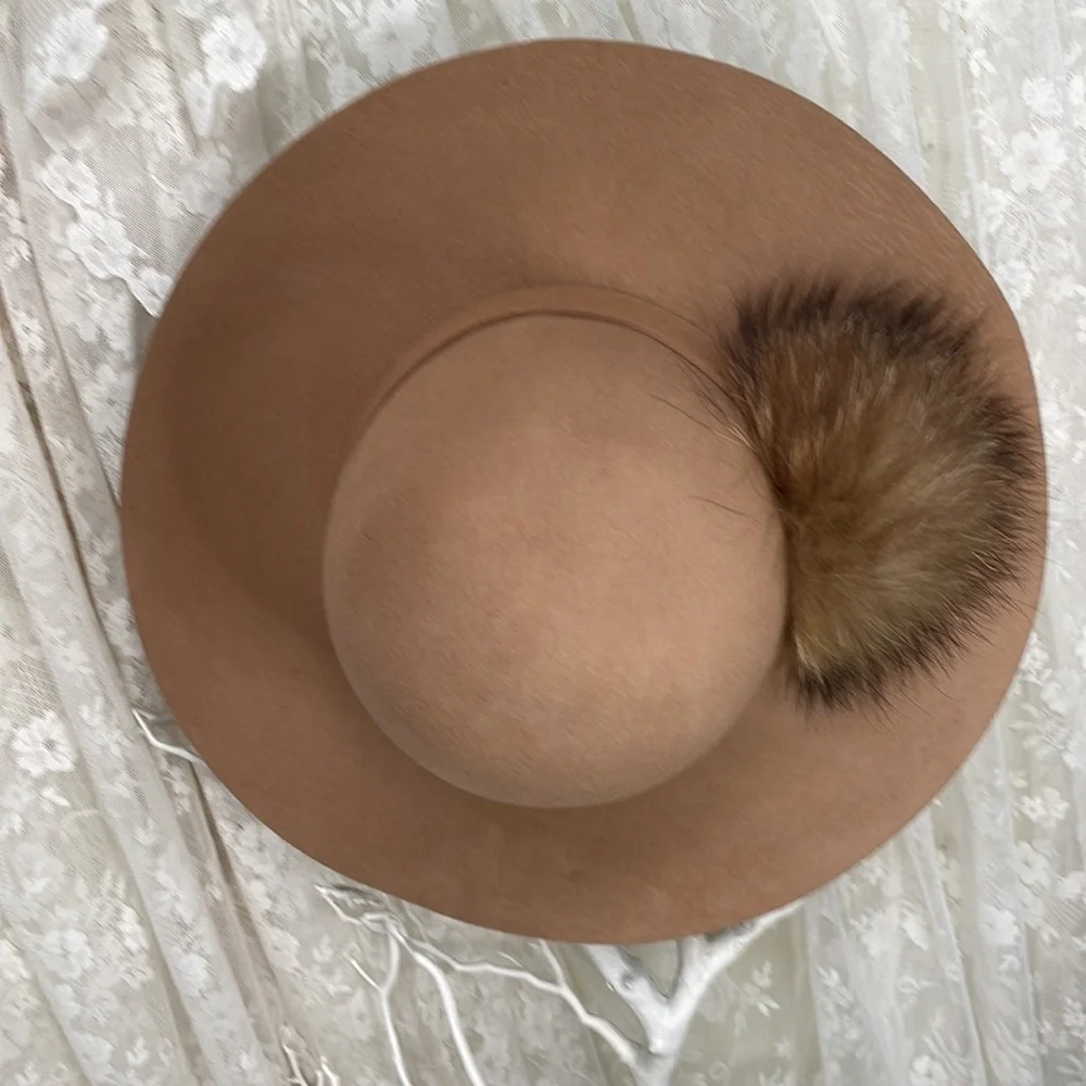 Beautiful Camel Felt Winter Hat with Real Fur Accent - Picture 6 of 8
